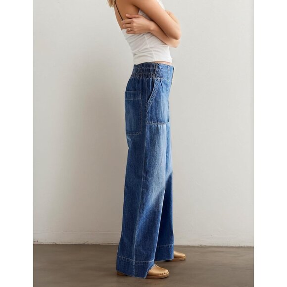 Women's Wide Leg Jeans Casual Cotton Size Medium Flared Trousers - Picture 2 of 4